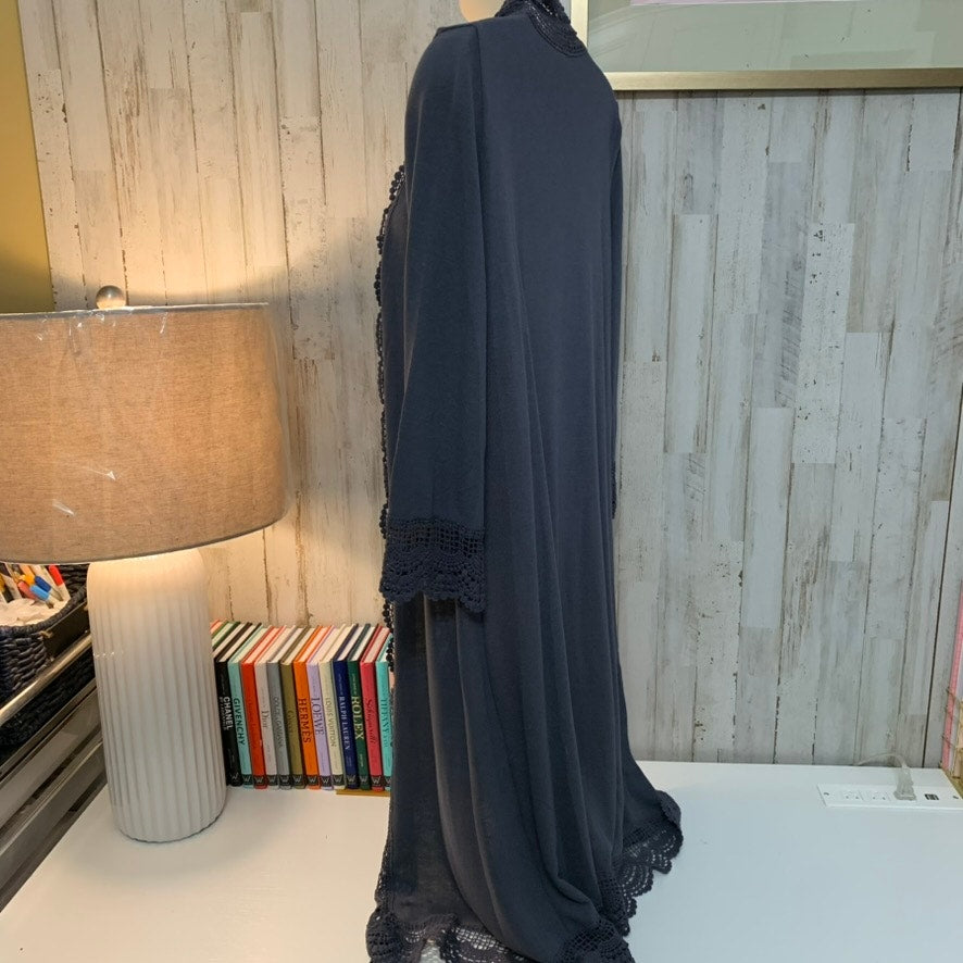 Tickled Teal Cardigan Womens Size S Gray Lace Trim Duster