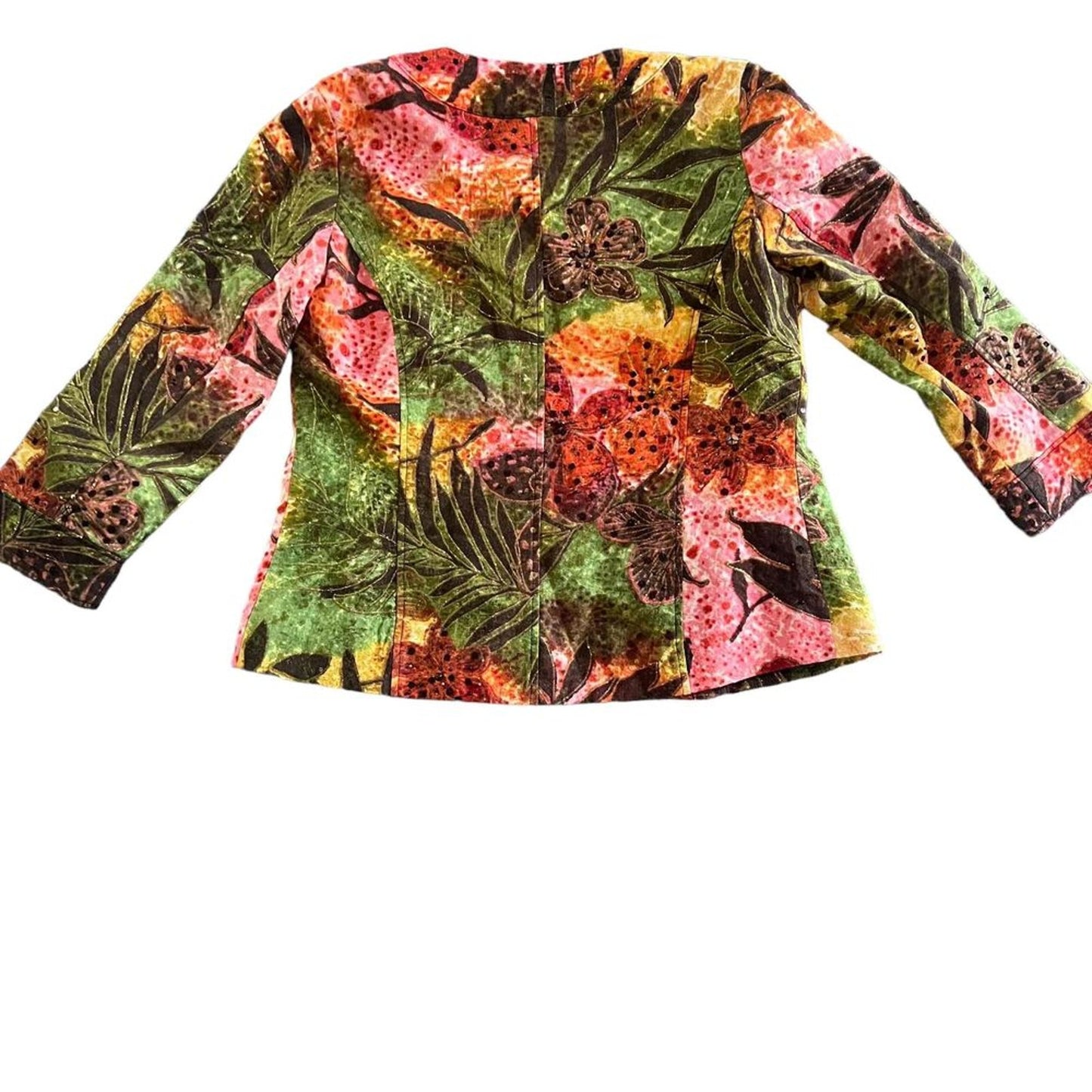 Chico's Blazer Womens Size 0/4 Tropical Floral Sequin Snap Front Jacket