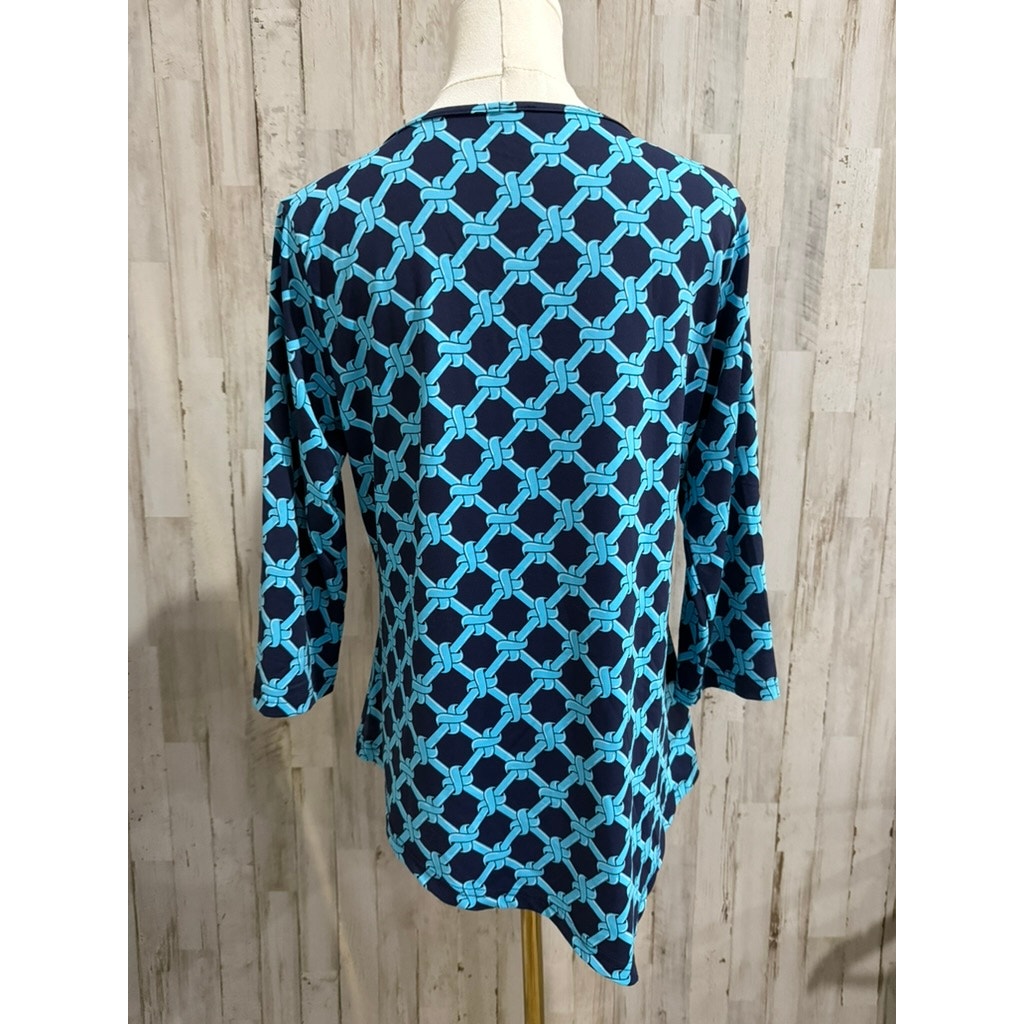 Lulu-B Dress Womens Size Small Navy Turquoise Chain Print Shift 3/4 Sleeve