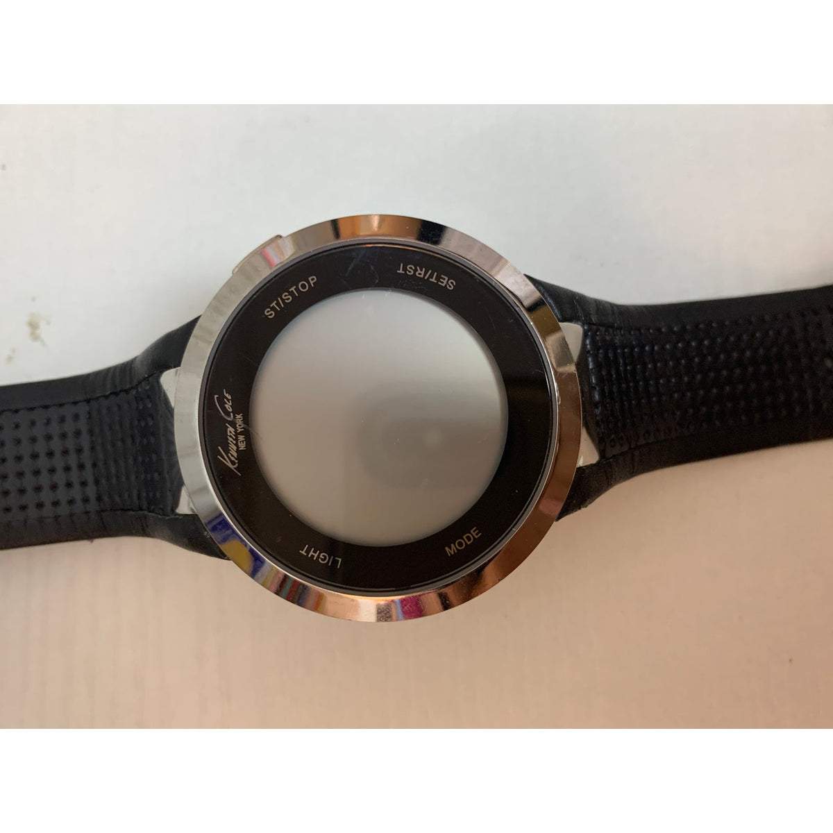 Kenneth Cole Mens Digital Watch Round Silver Black Perforated Leather Not Tested
