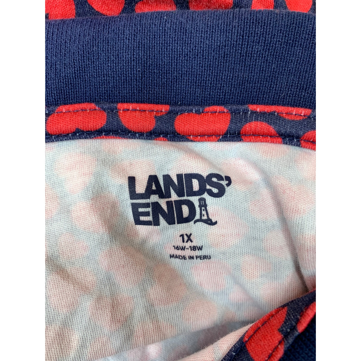Lands' End Polo Shirt Womens Plus 1X Navy Blue Red Heart Print Short