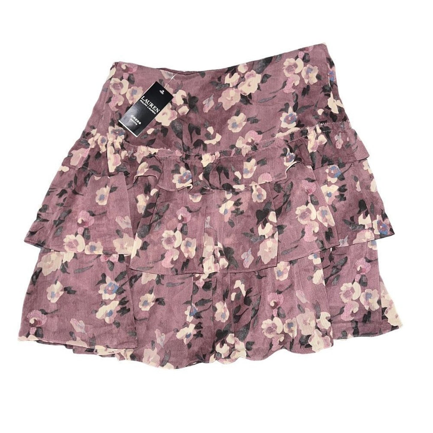NWT Lauren Ralph Lauren Skirt Womens Petite 4P Purple Floral Tiered Ruffle