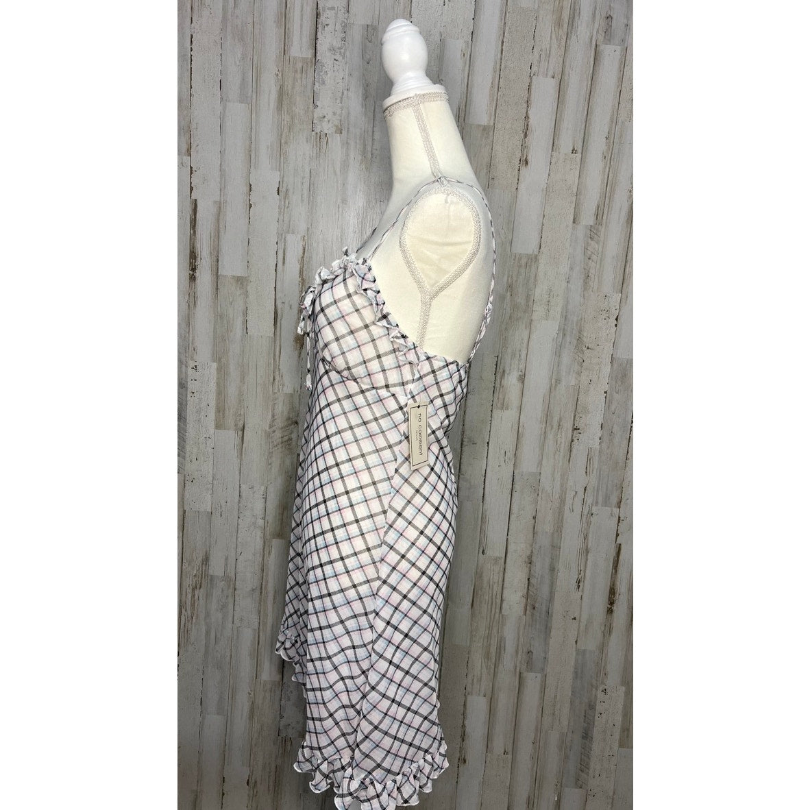 NWT No Comment Women's XL Pink Plaid Mini Dress Ruffle Neck Spaghetti Straps