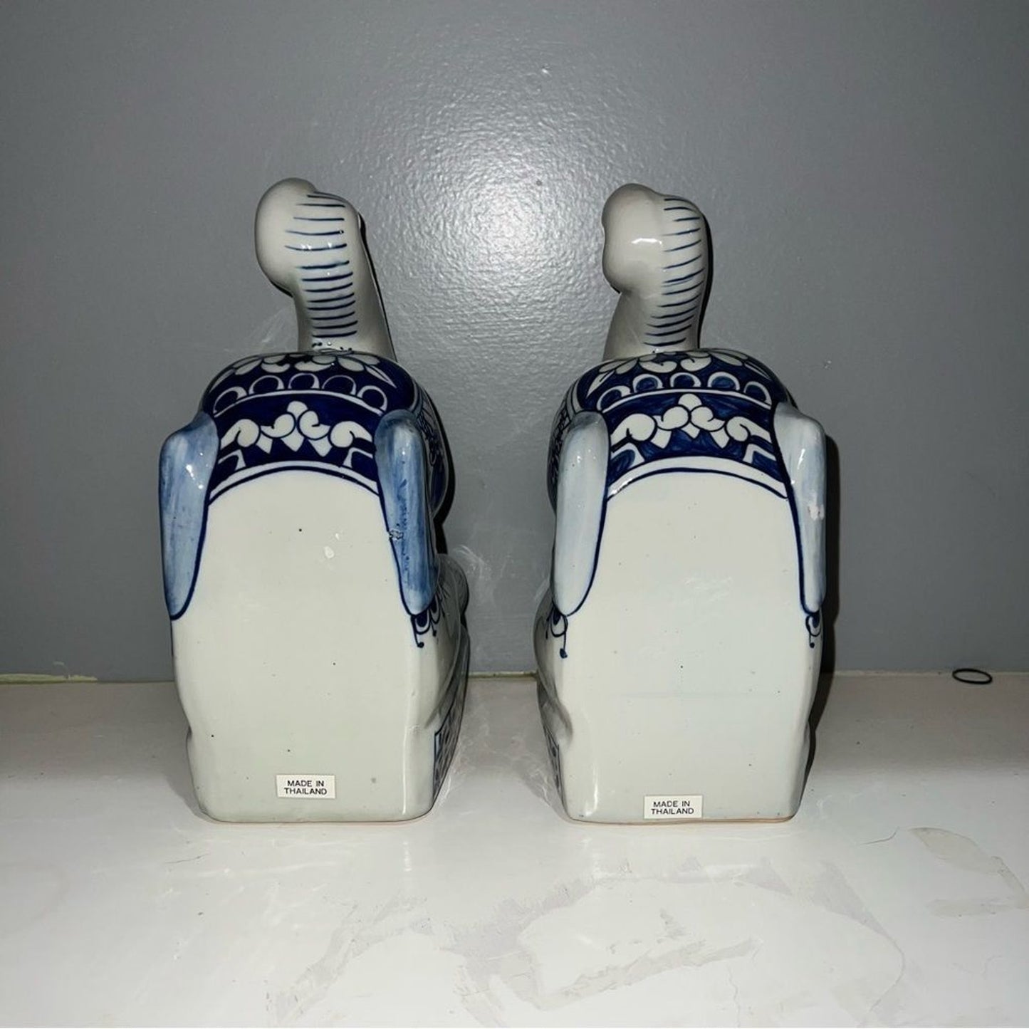 Vintage Hand Painted Elephant Bookends Pair Blue & White Chinoiserie Style