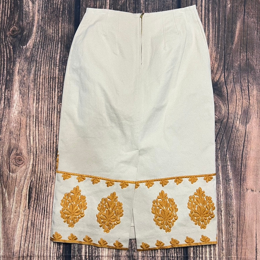 Anthropologie Women's Gold Verona Floral Embroidered Pencil Skirt Size 2