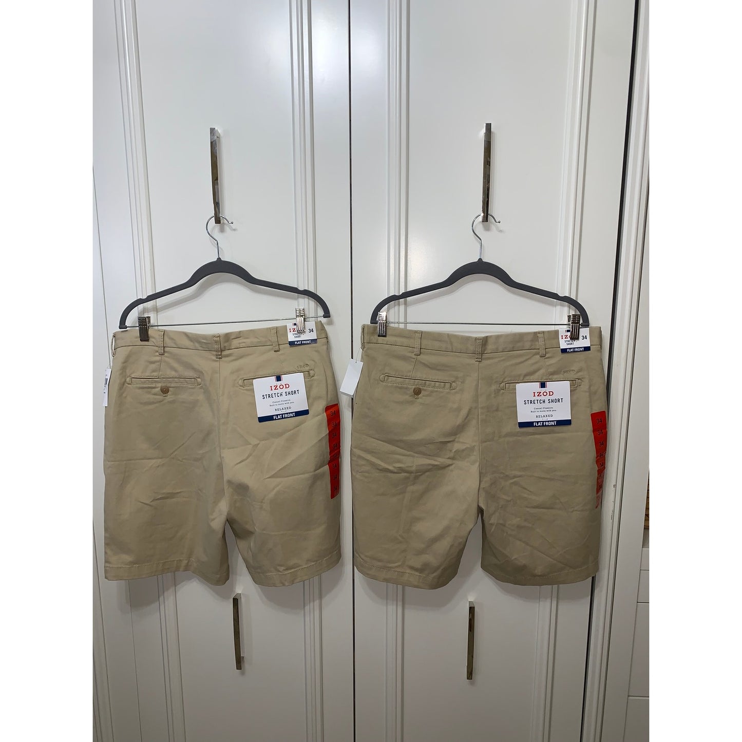 NWT Set of 2 IZOD Men's Beige Chino Shorts Size 34 Flat Front Stretch Casual