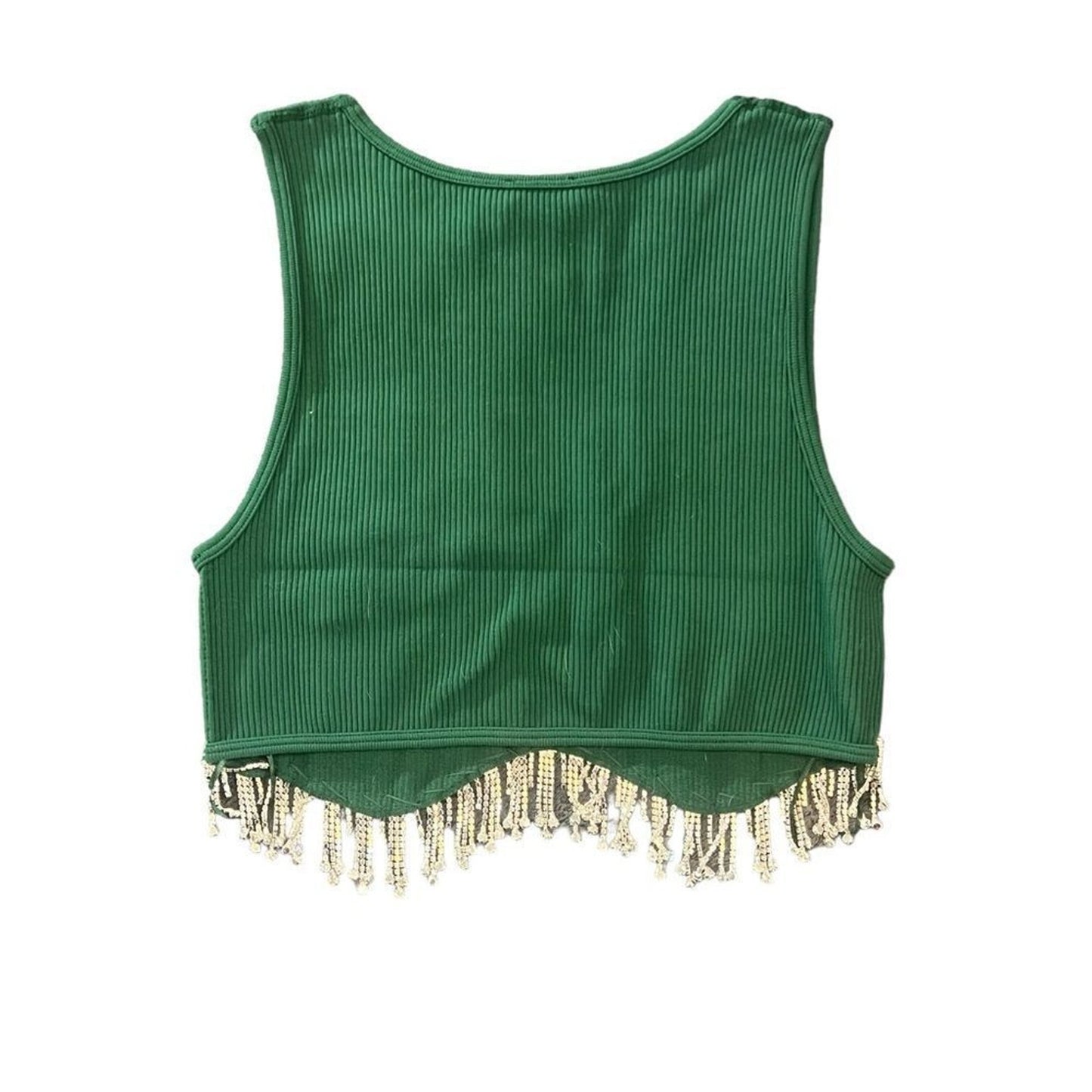 NWT Sincerely Jules Tank Top Womens L Green Cropped Rhinestone Fringe Hem