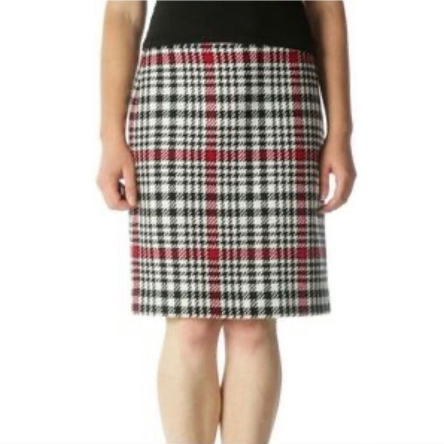 Talbots Skirt Women's Size 2 Black White Red Plaid Wool Houndstooth Knee Lined