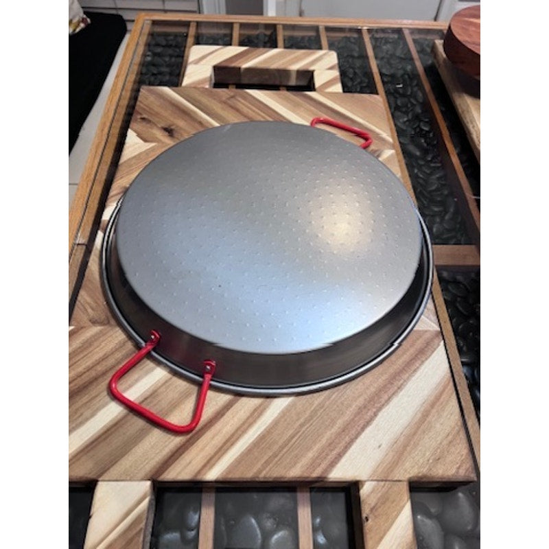 Garcima Paella Pan Silver Round Dimpled Base Red Dual Loop Handles