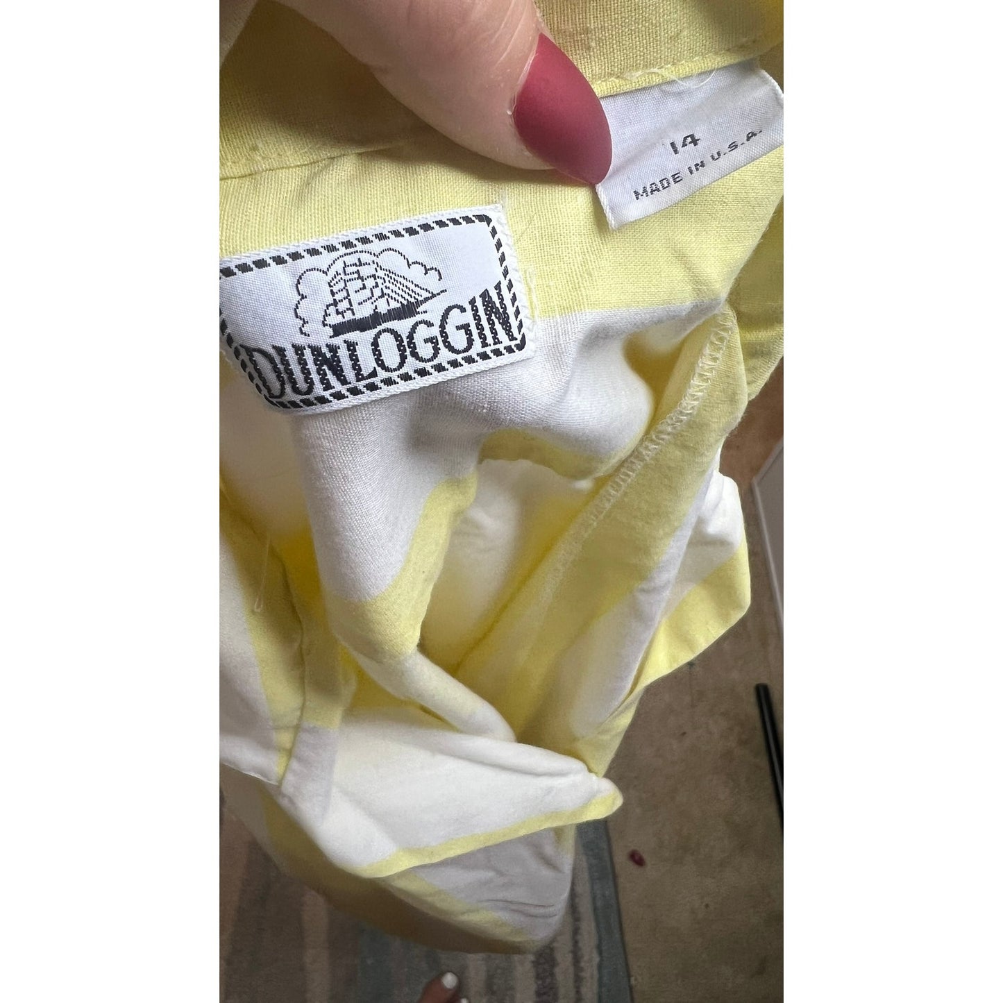 Dunloggin Women's 14 Yellow Striped Short Sleeve Linen Blend Button-Up Shirt