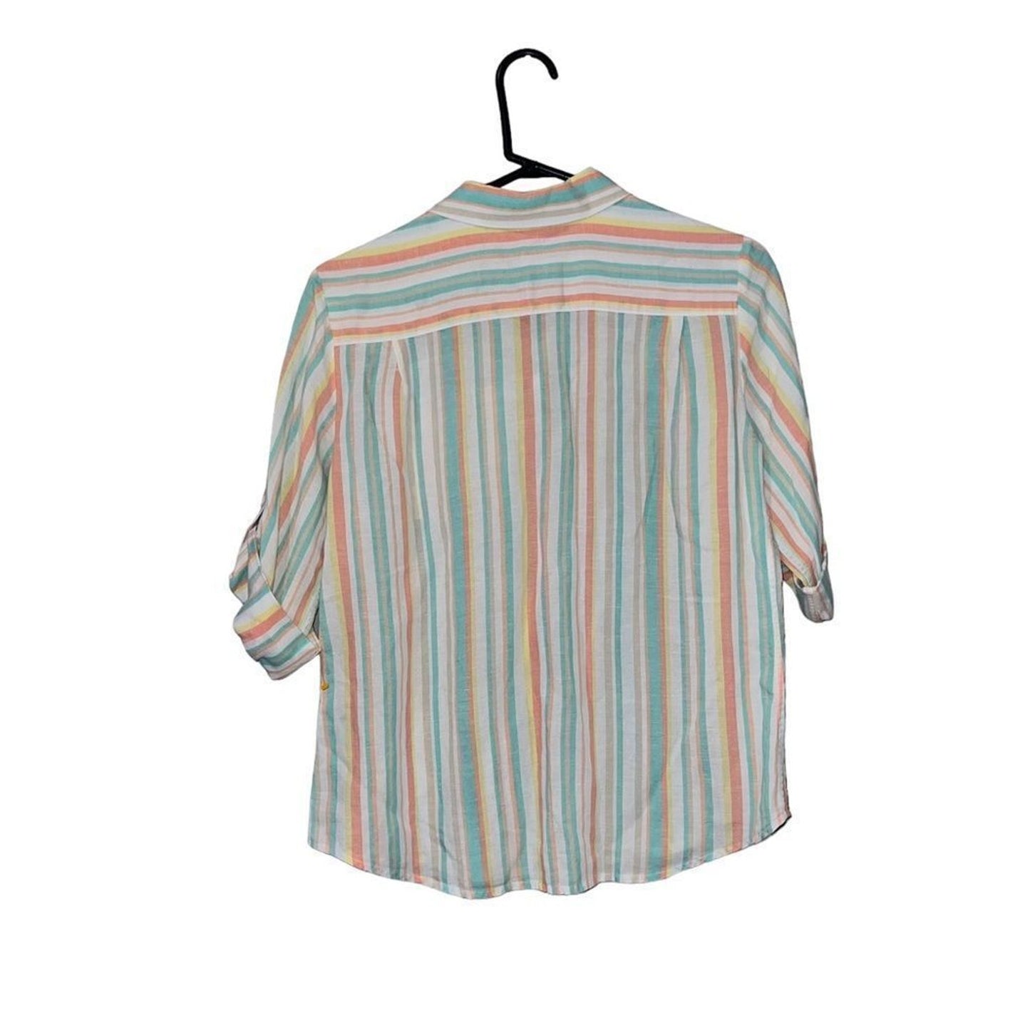 Foxcroft NYC Button-Up Shirt Womens Petite 10P Pastel Striped 3/4 Sleeve