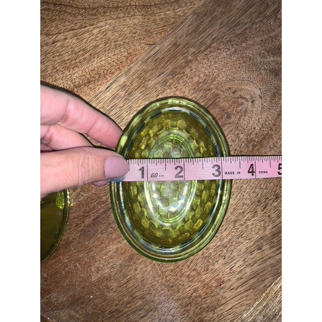 Vintage L.E. Smith Green Glass Rabbit on Nest Covered Dish Figurine