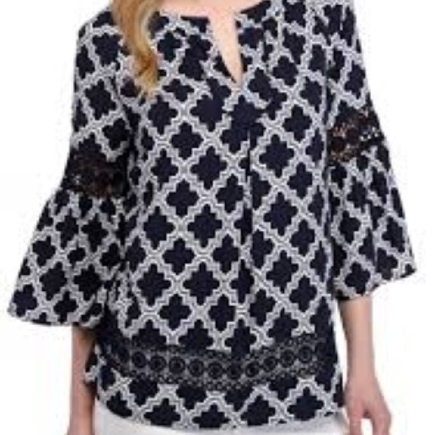 Crown & Ivy Blue/white paisley Crochet Peasant Blouse 1X