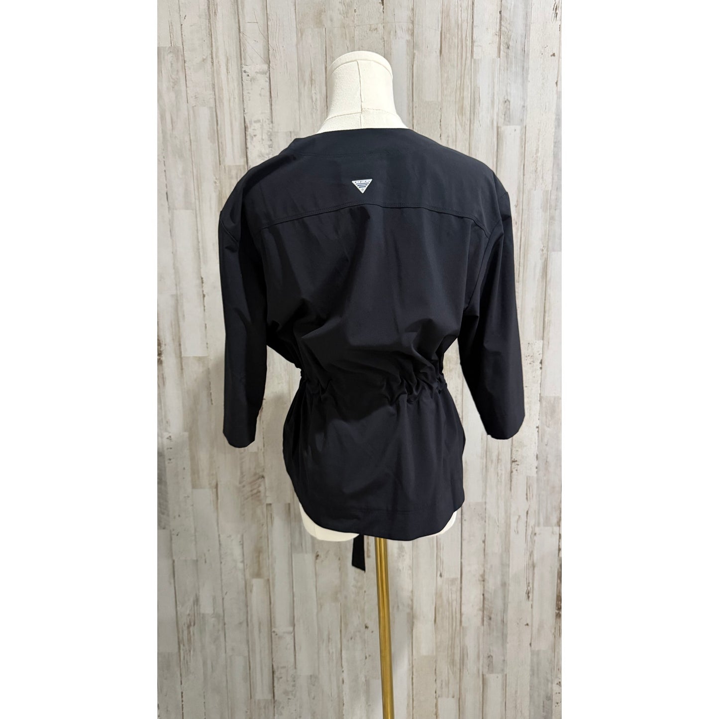Columbia PFG Jacket Womens Petite Small Black Open Front Wrap Tie Waist 3/4