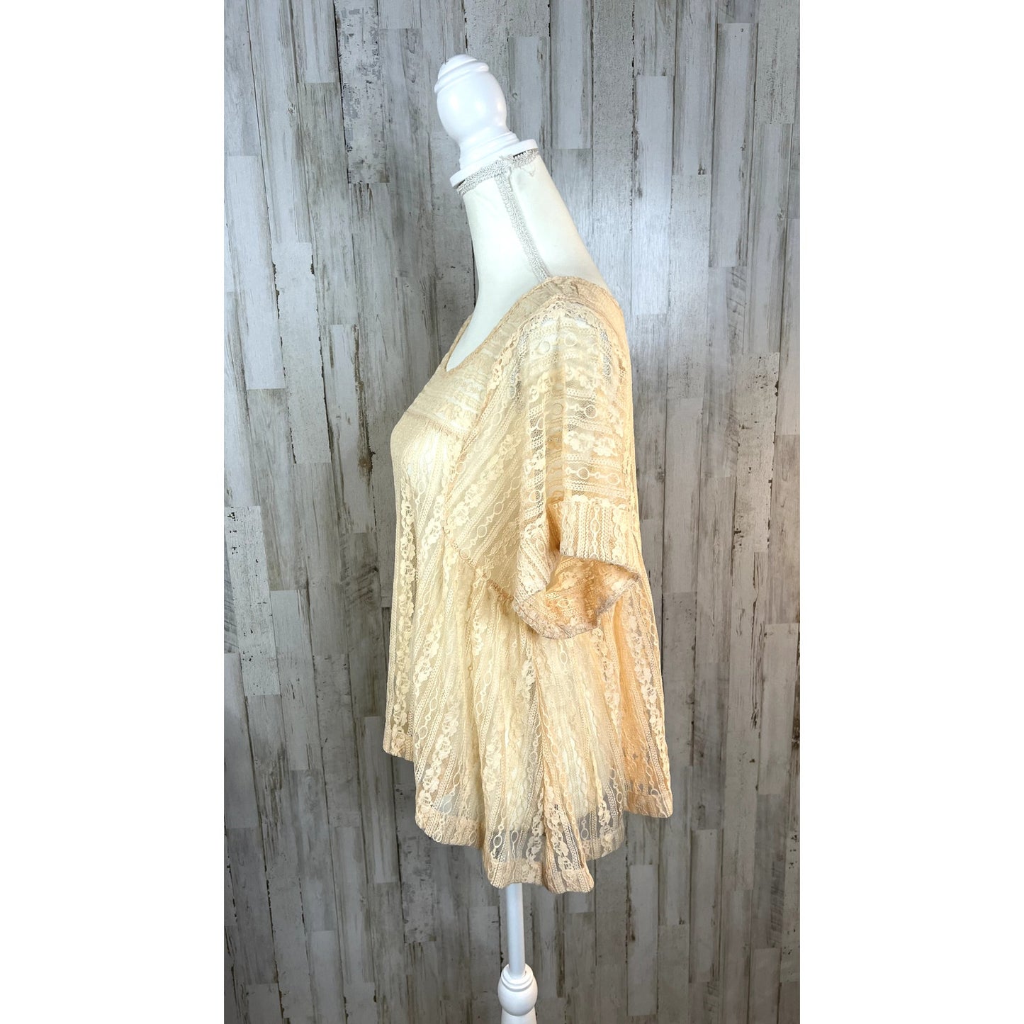 Free People Peach Tea Lace Short Sleeve Top XS Boho Cream/Pink Multicolor Blouse