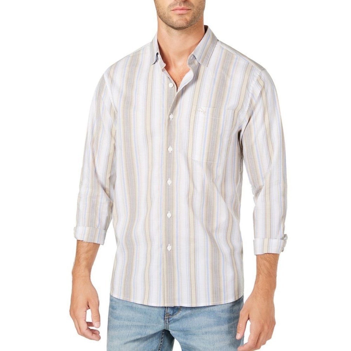Tommy Bahama Shirt Mens 2XL Beige Striped Button-Up Long Sleeve Pocket