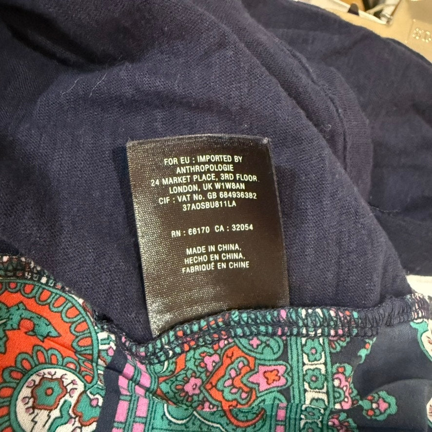 Anthropologie Women's Blue Paisley Pleated Long Sleeve Tee Shirt Medium