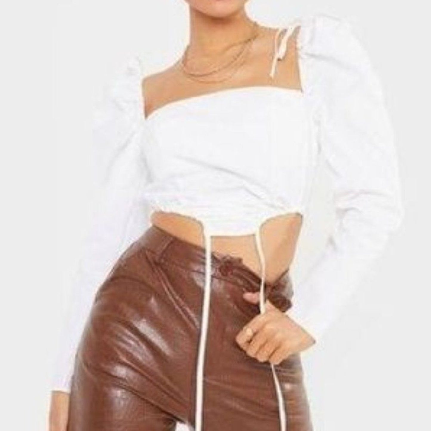 PrettyLittleThing Bodysuit Top Womens Size 8 White Square Neck Puff Sleeve