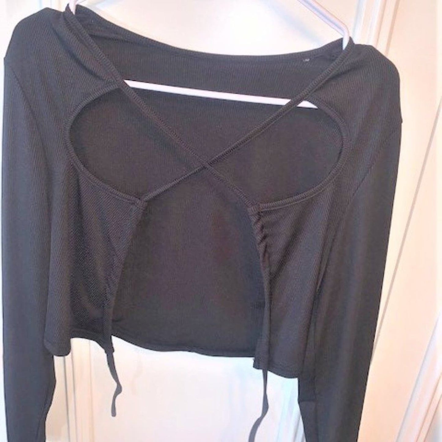 Black long sleeve lace up back crop top