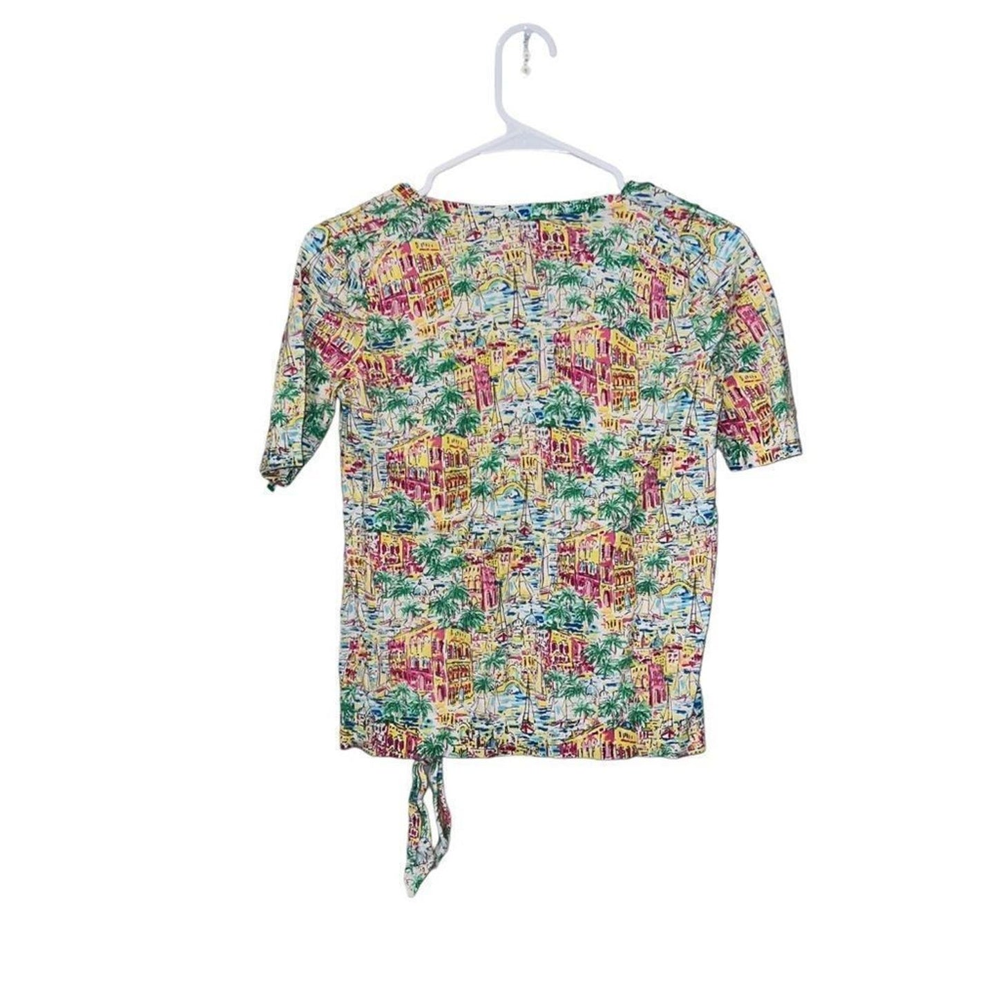 Talbots Women's XS Santorini Greece Print Cotton Top Short Sleeve V-Neck Tie Hem