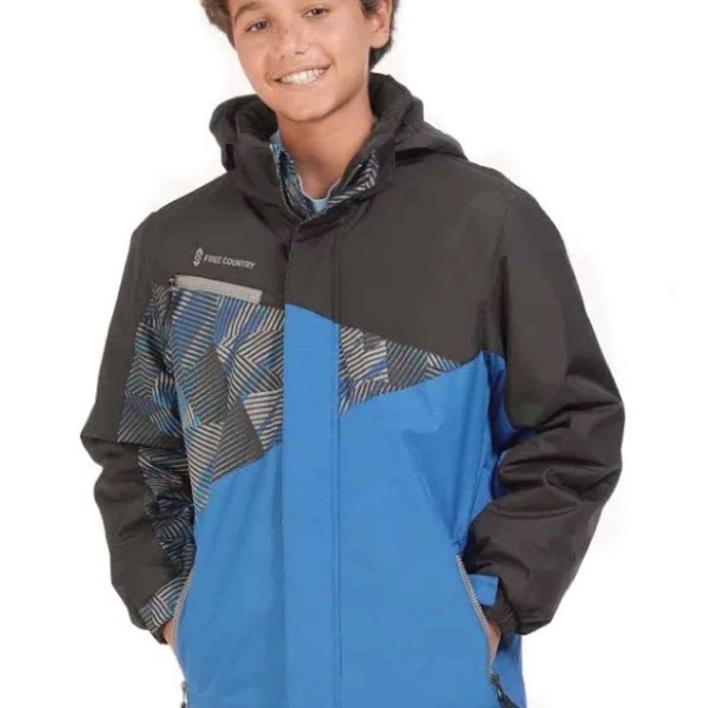 Free Country Boys Ski Snowboard Jacket XS 5/6 Blue Black Hooded Insulated