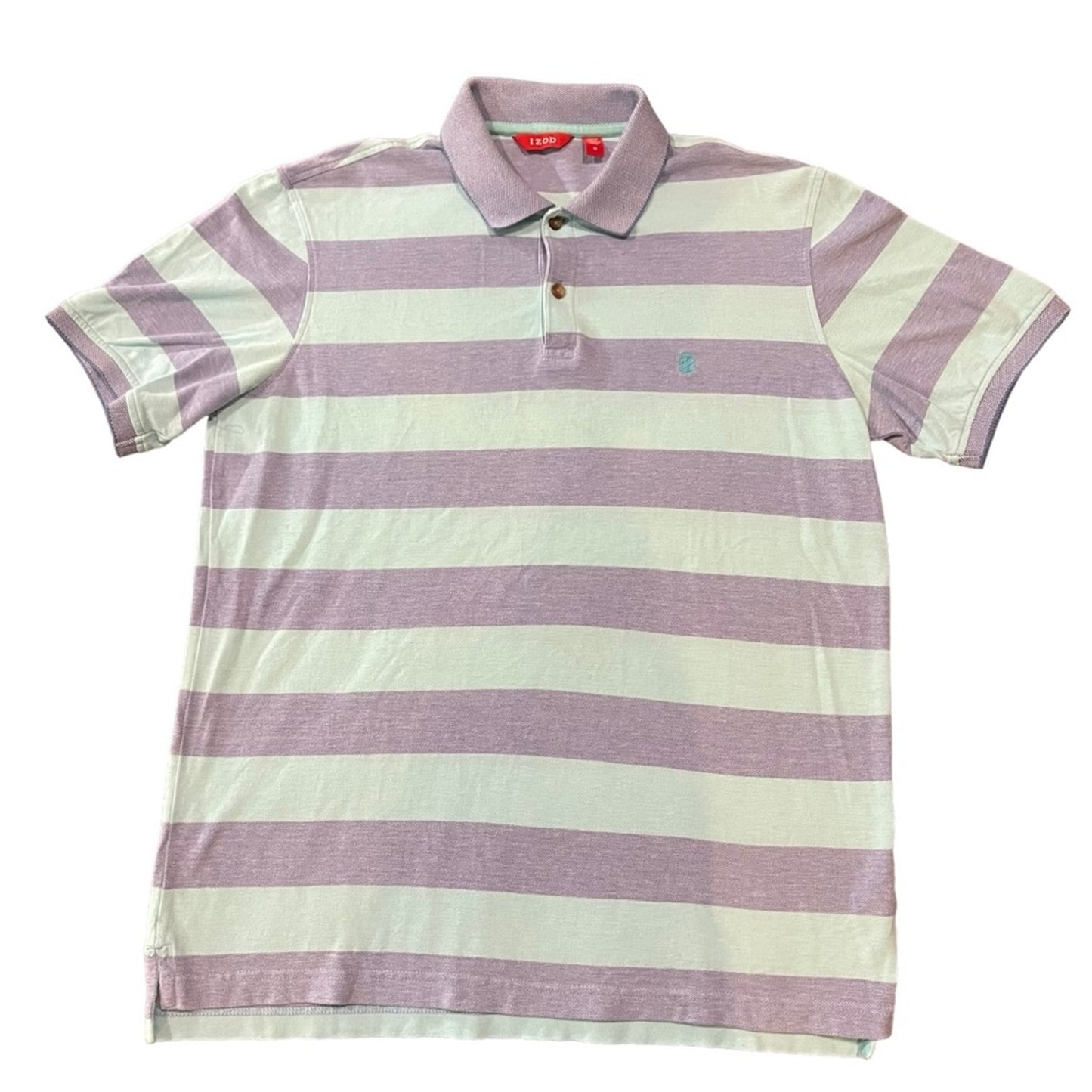 IZOD Polo Shirt Mens Size Medium Gray & Mint Green Striped Short Sleeve Golf