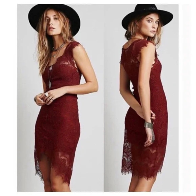 Intimately Free People Women's Extra Small Peekaboo Burgundy Lace Bodycon Dress