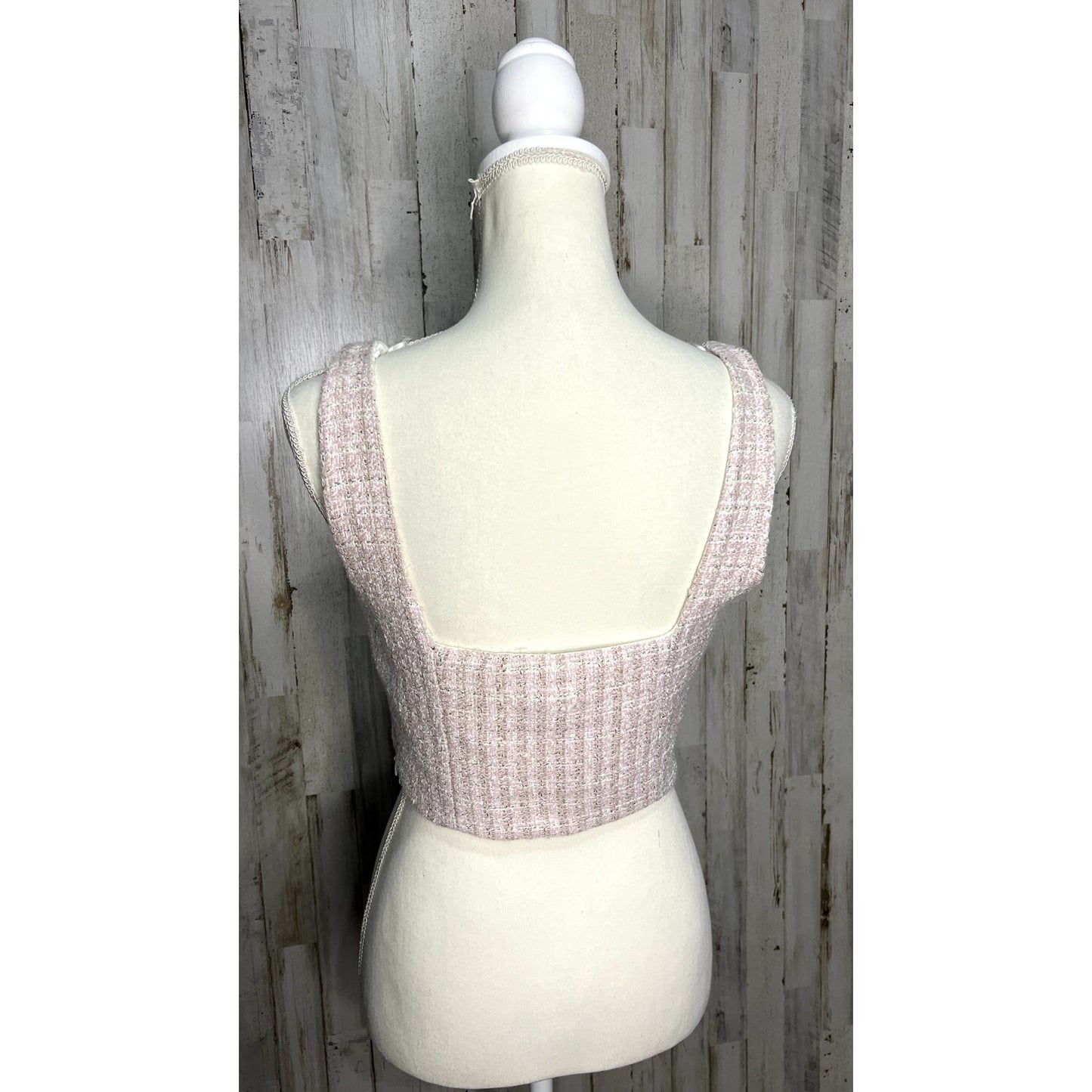 NWOT Zara Women's Medium Pink/White Tweed Textured Corset Top Cropped Sleeveless