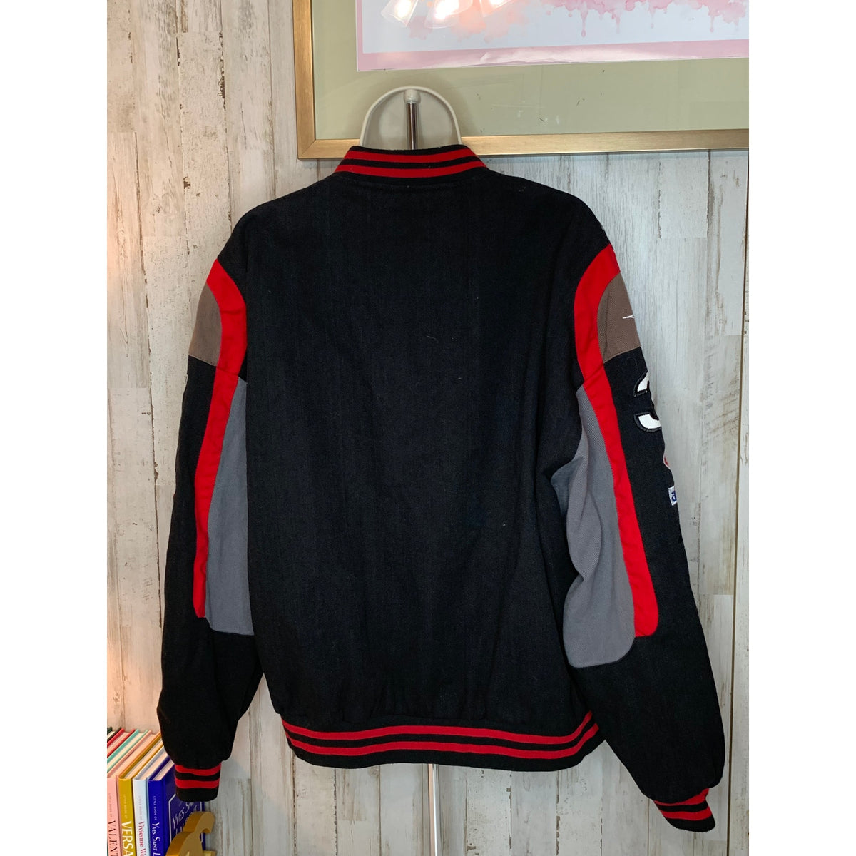 JH Design M&M's NASCAR Racing Varsity Jacket Mens Large Black Snap Front