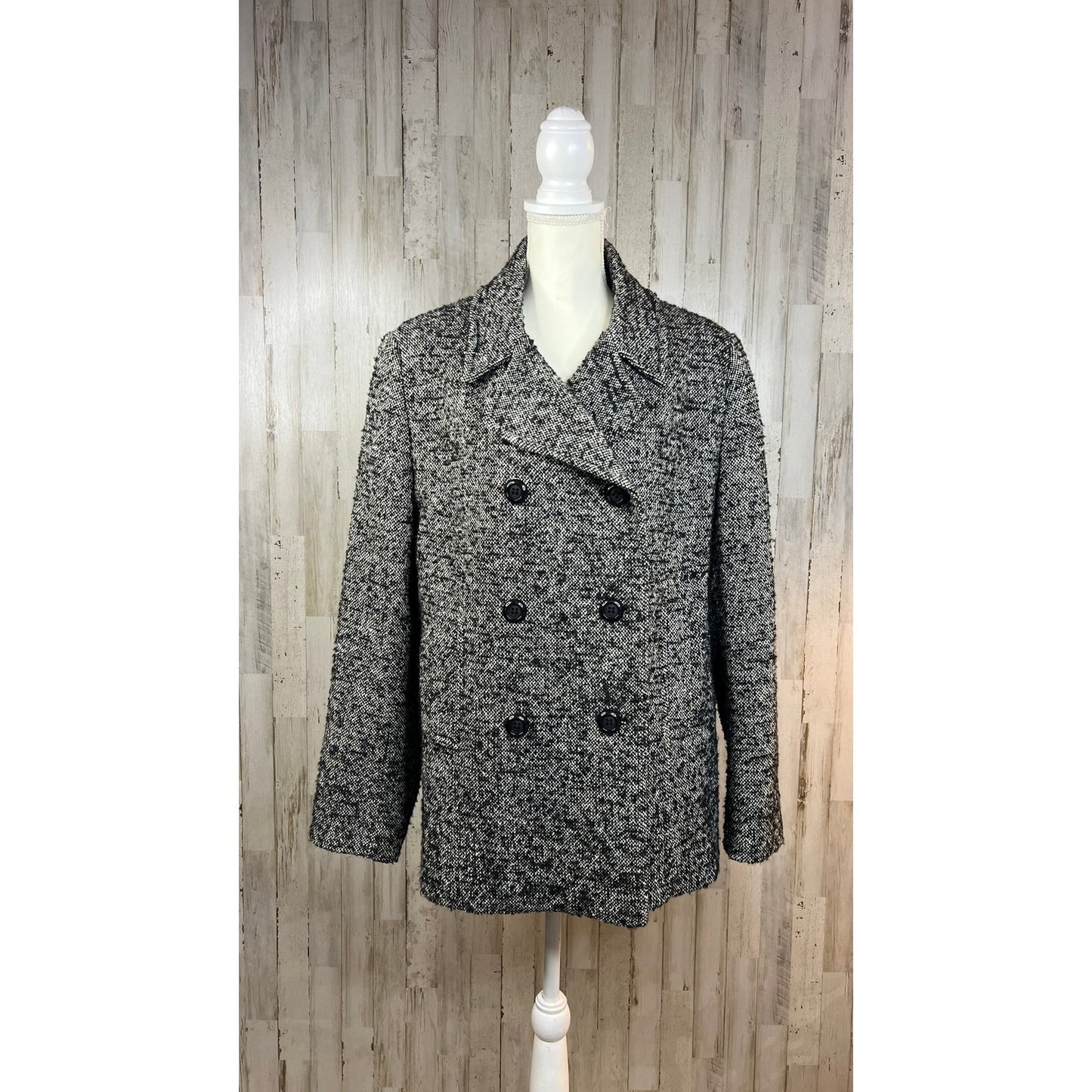 Preston & York Women's Black Tweed Wool Blend Double Breasted Pea Coat Size 16