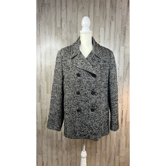 Preston & York Women's Black Tweed Wool Blend Double Breasted Pea Coat Size 16