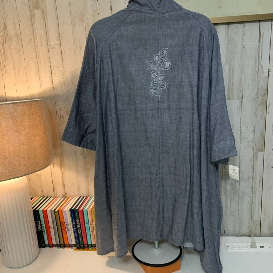 NWT Canvas Duster Jacket Women L Blue Open Front 3/4 Sleeve Boho