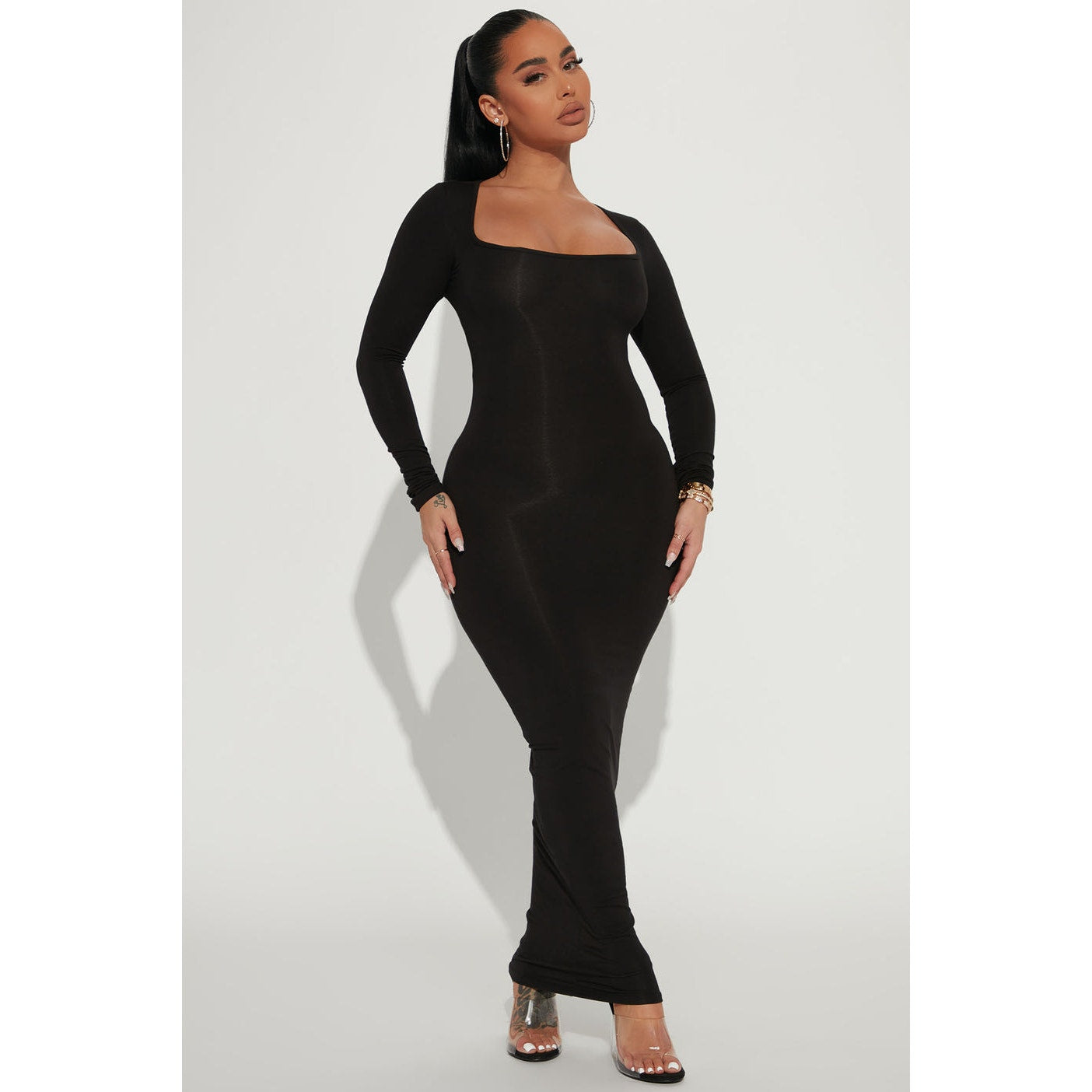 NWT Fashion Nova Women's Small Makenzie Maxi Dress Black Long Sleeve Bodycon