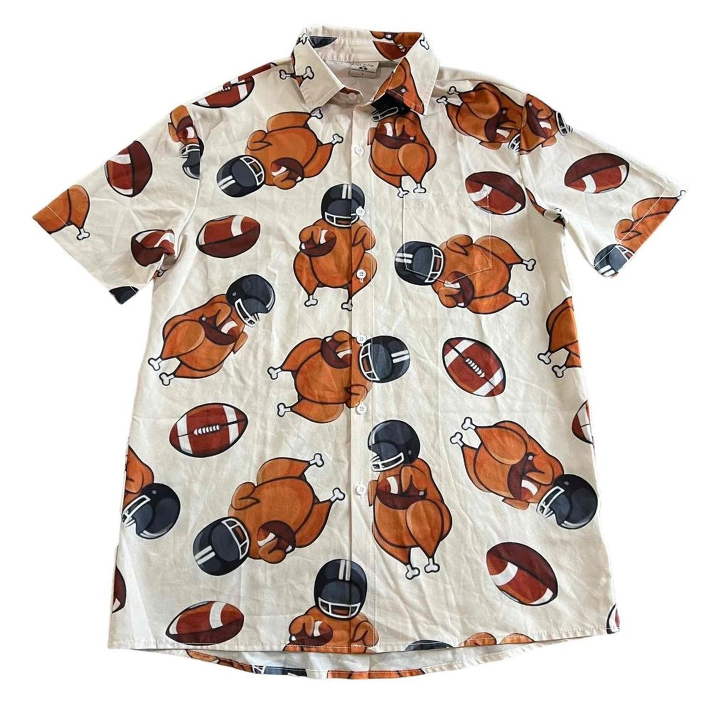 Mokaloha Men's Thanksgiving Fun Turkey Football Print Short Sleeve Button Down