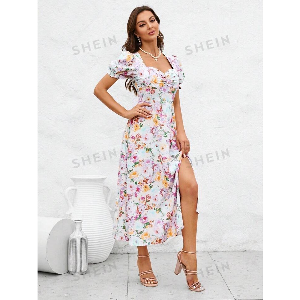 SHEIN Women's Small Floral Puff Sleeve A-Line Multicolor Spring Midi Dress