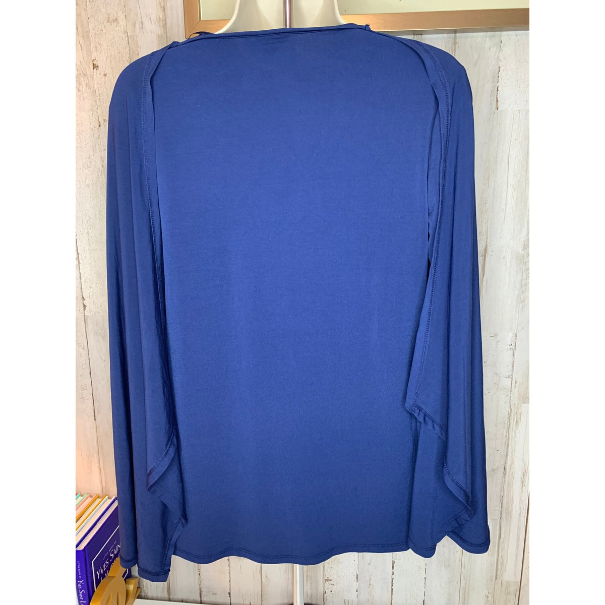 Jaclyn Smith Floral Surplice Wrap Blouse Womens Medium Blue Green V-Neck Belted