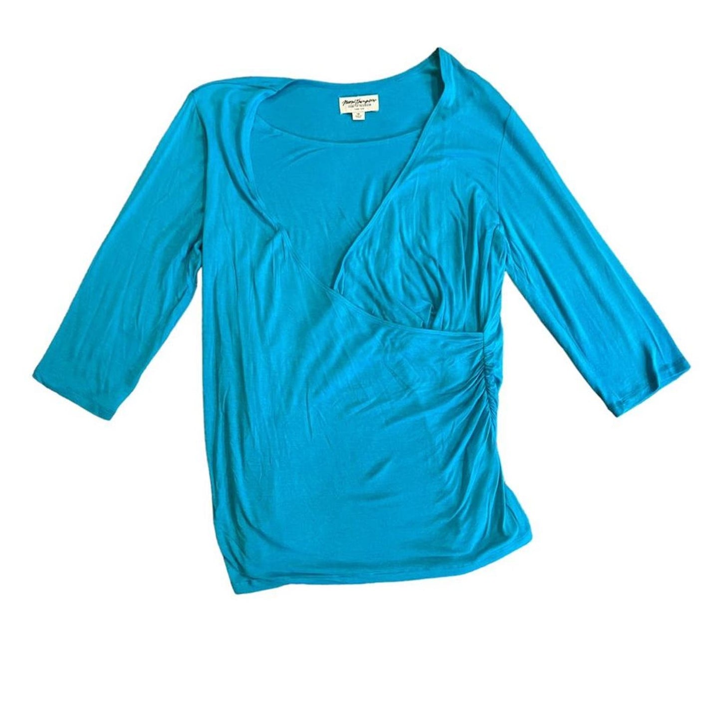 Norm Thompson Plus Size 1X Turquoise V-Neck 3/4 Sleeve Wrap Front Blouse