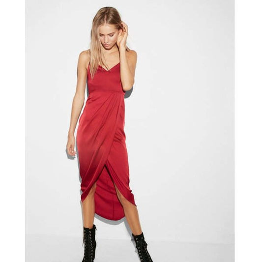 Express Women's Size 0 Red Satin Midi Dress V-Neck Cocktail Party