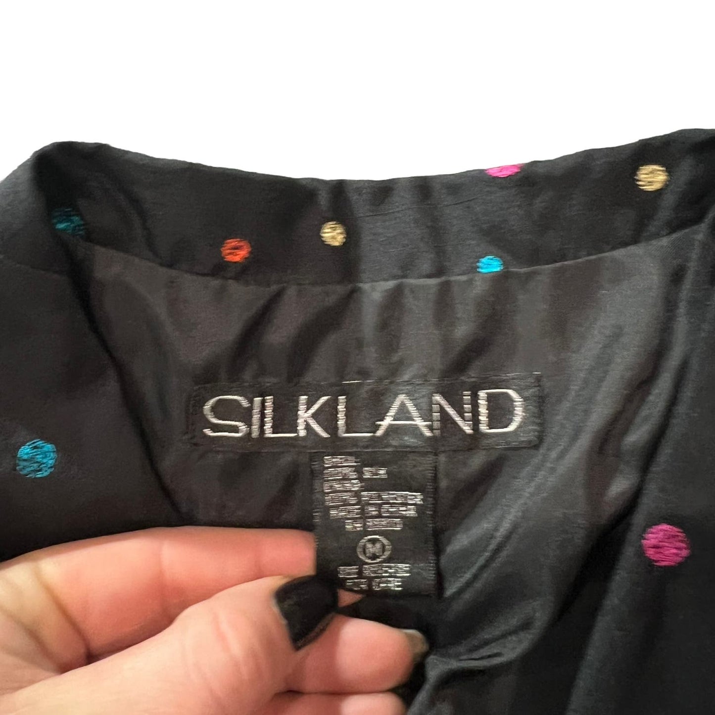 Silkland Women's XL Black Multicolor Polka Dot Silk Blazer Jacket Long Sleeve