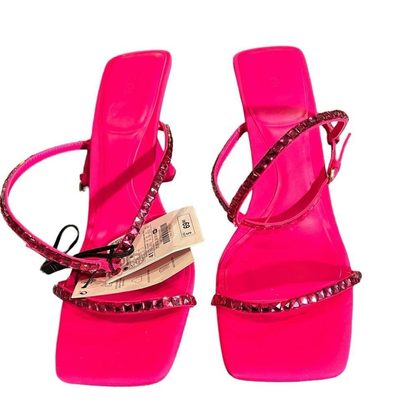 NWT Zara Womens Fuchsia Pink Rhinestone Strappy High Heel Sandals Size 10