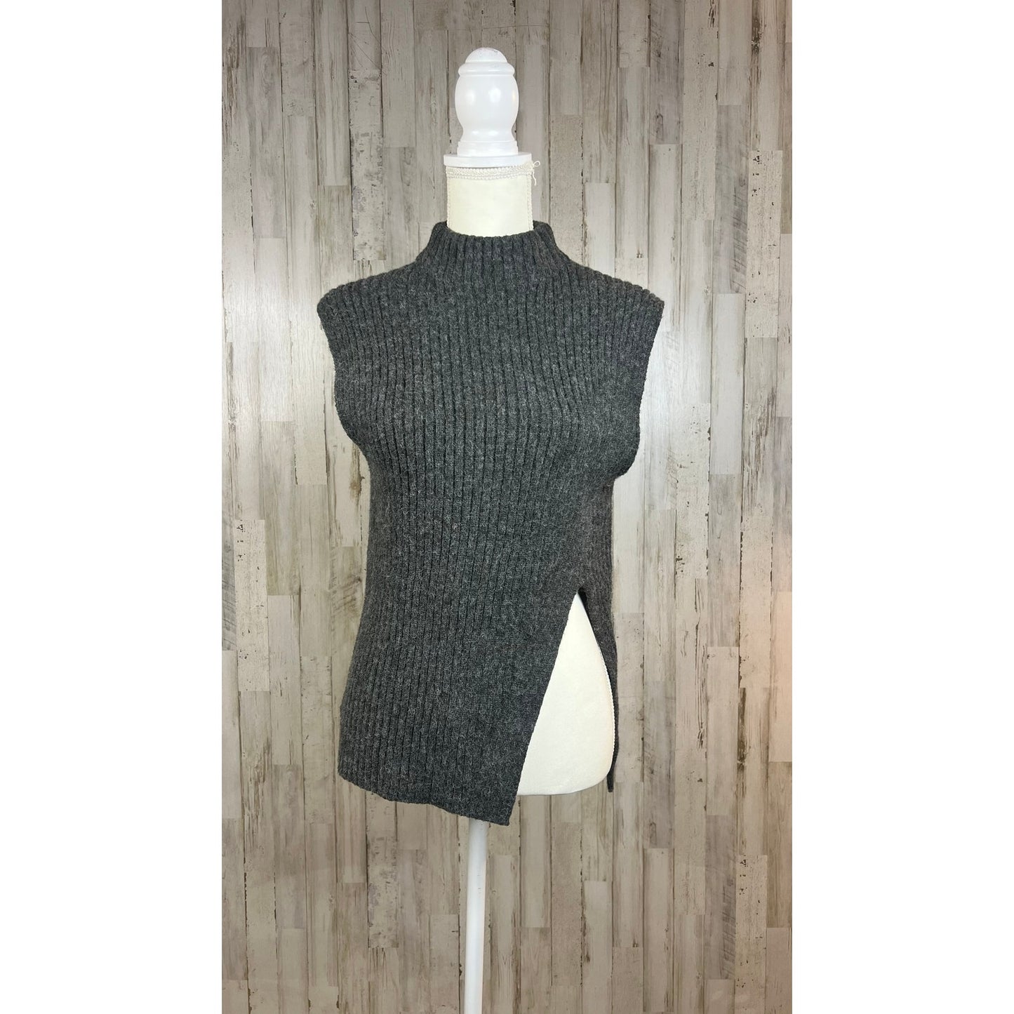 MNG Women's Small Dark Gray Sleeveless Ribbed Tunic Sweater High Neck Side Slits