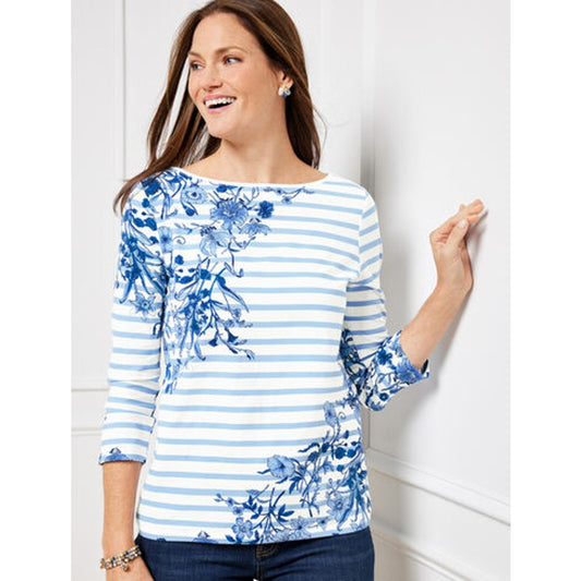 Talbots Women's Small Petite Bateau Neck 3/4 Sleeve Striped Tee Multicolor