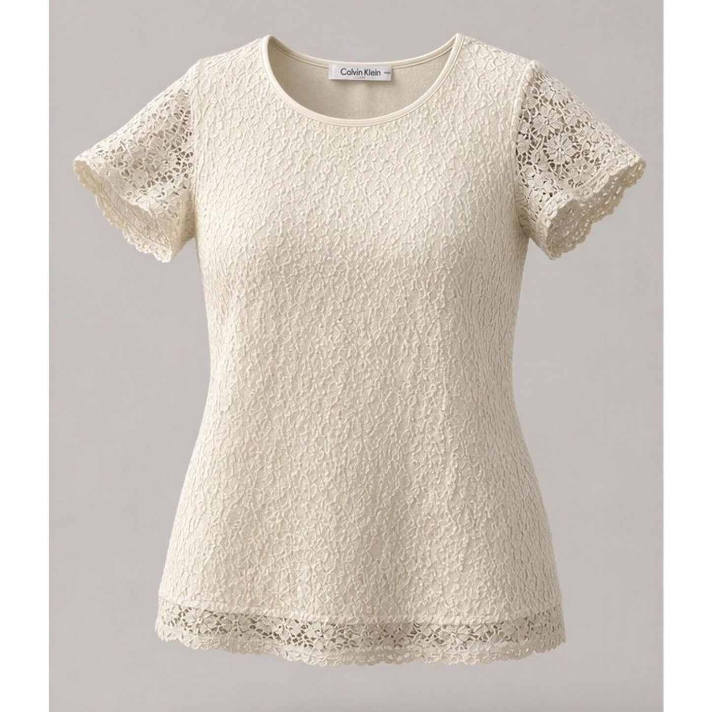 Calvin Klein Blouse Womens XL Ivory Floral Lace Short Sleeve Lined Top