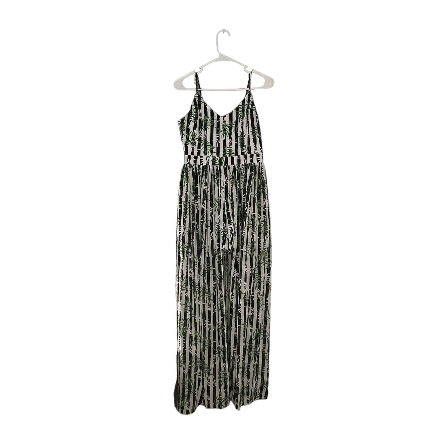 NWT XOXO Women's Medium Green Stripe Leaf Print V-Neck Layered Romper w/ Slit