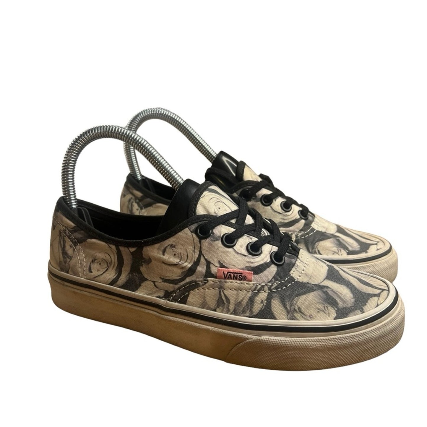 Vans Authentic Sneakers Womens US 6 Black White Digi Roses Floral Low Top