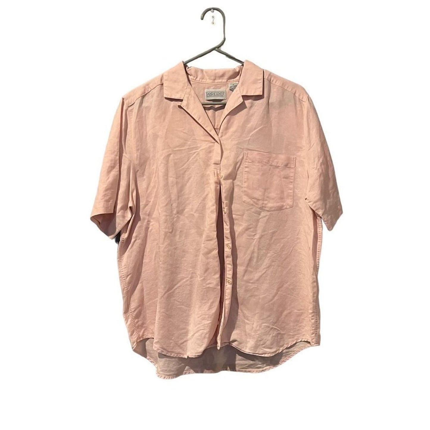 Lands End Women's Short Sleeve Linen Button Down Shirt Size 14