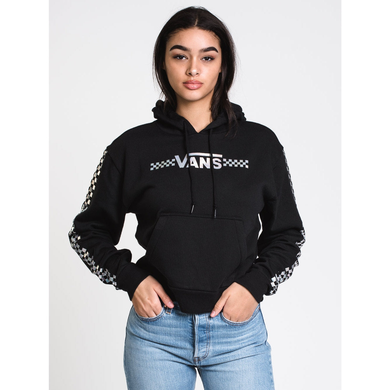 Vans Women's XS Black Shine It Cropped Checkerboard Sleeve Pullover Hoodie