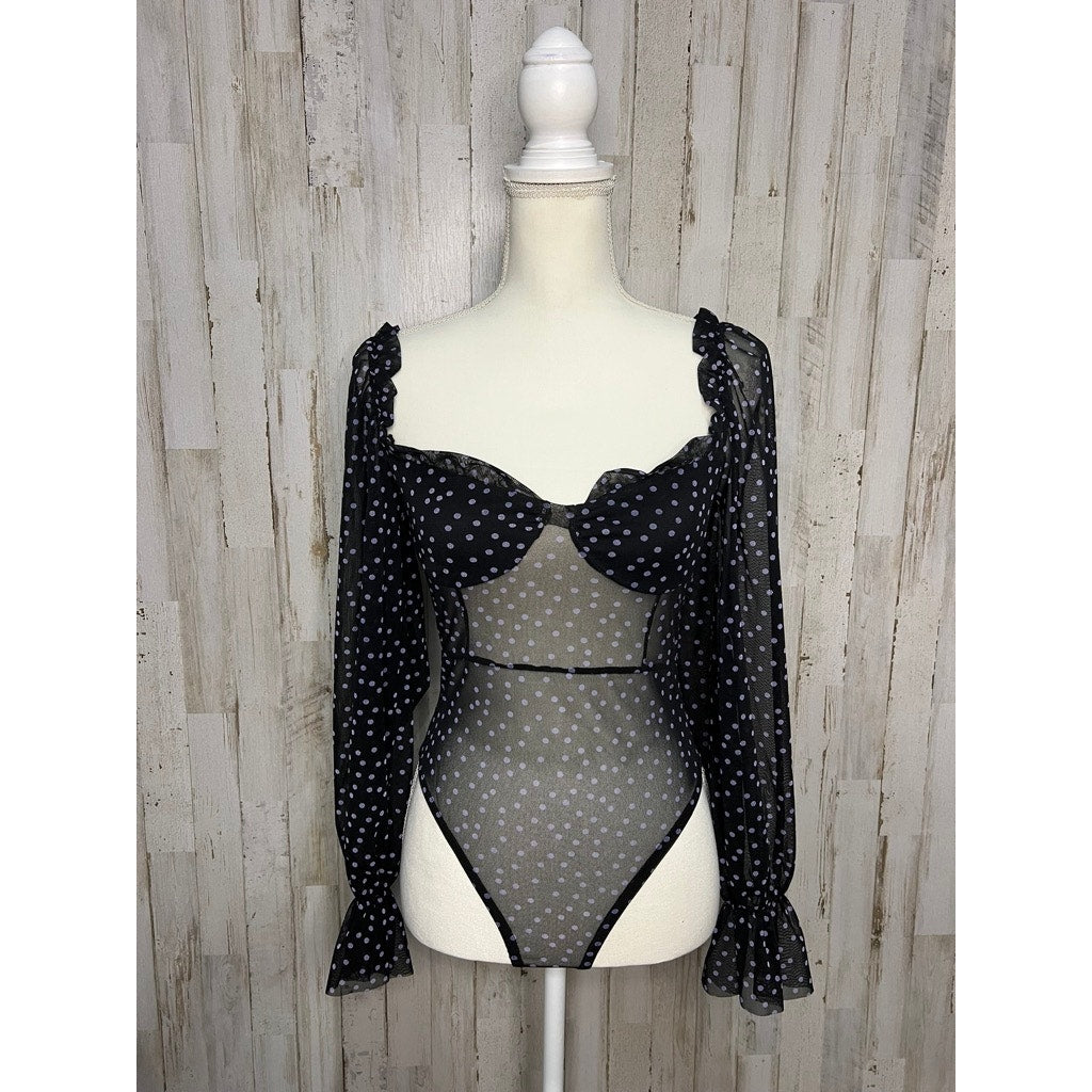 PrettyLittleThing Women's Black Polka Dot Mesh Milkmaid Bodysuit Size 4