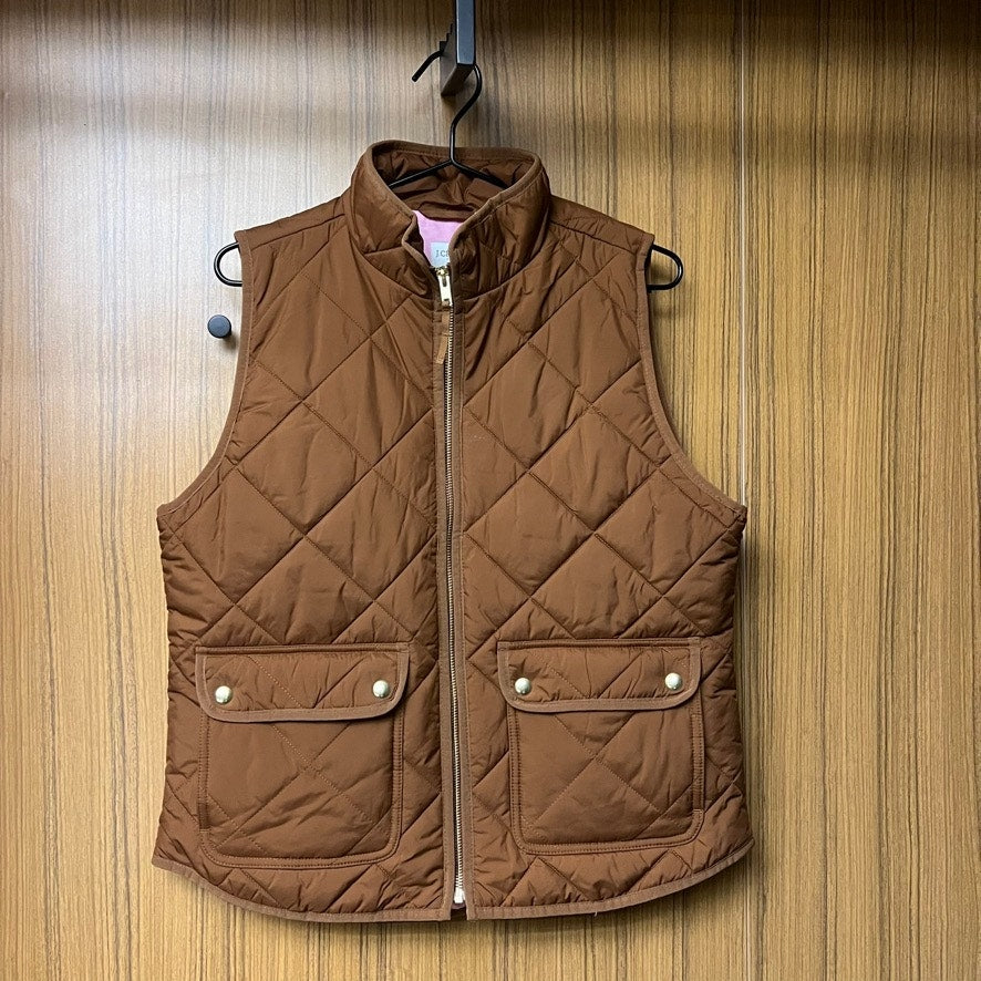 J.Crew Women's Medium Puffer Vest Brown Quilted Full Zip Stand Collar