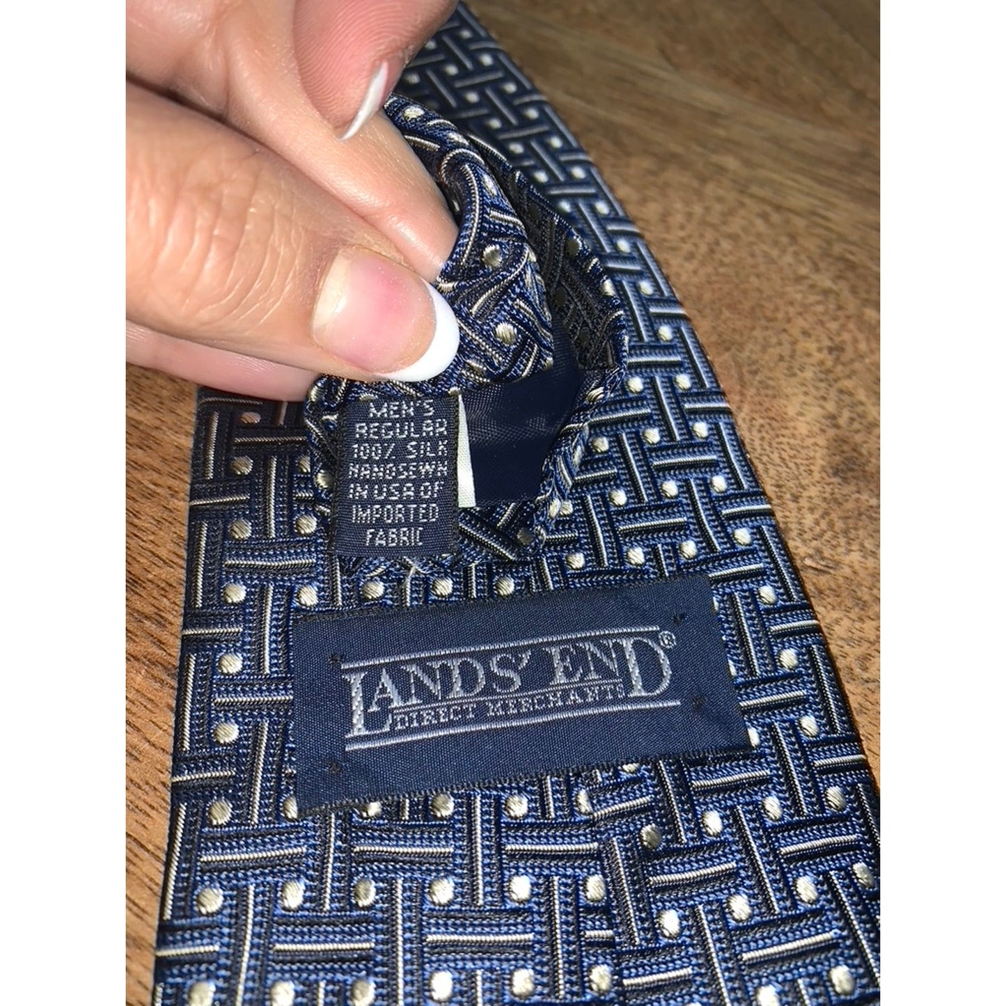 Lands' End Men's Silk Geometric Blue Necktie Classic Length